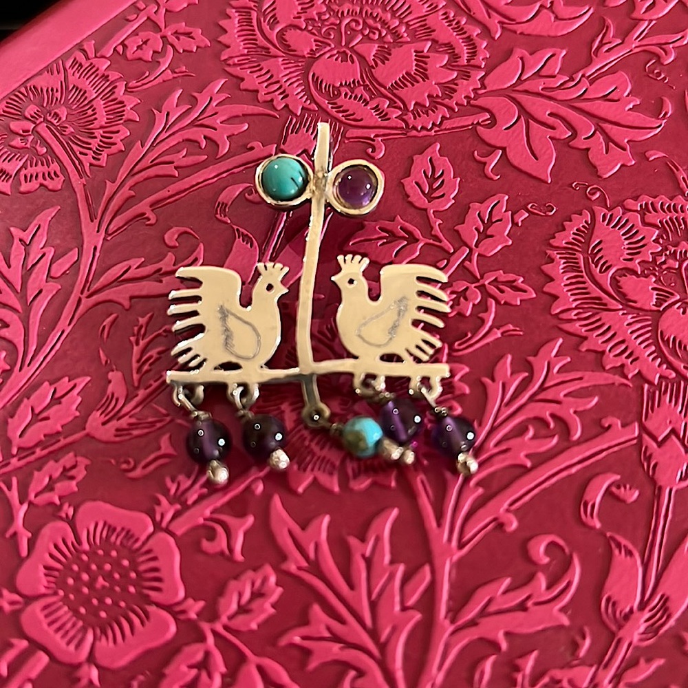 Sterling Silver Turquoise Amethyst Roosters Pendant